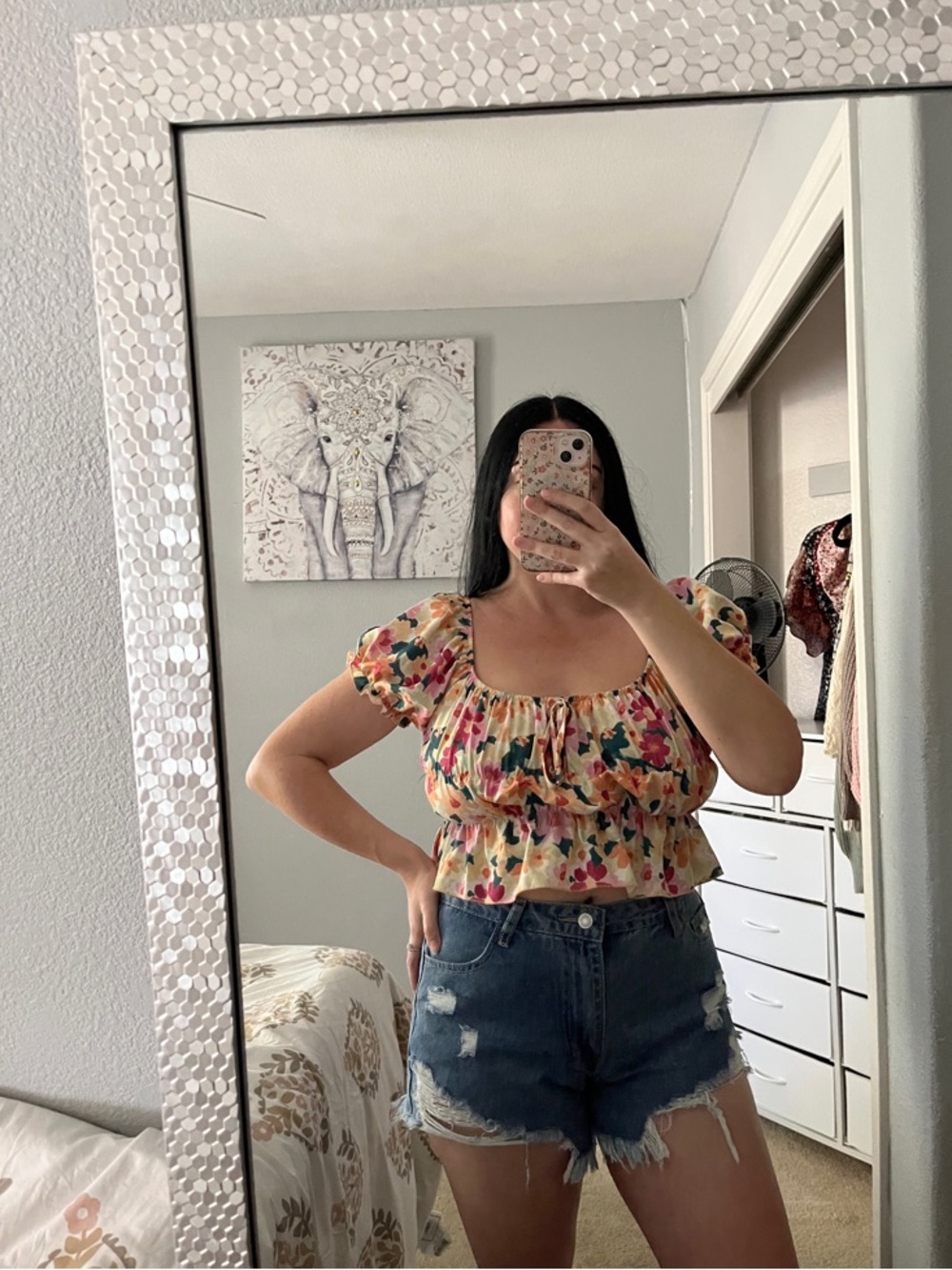 Floral Flowers Puff-Sleeve Crop Top Boho Yellow Pink M Medium L Large